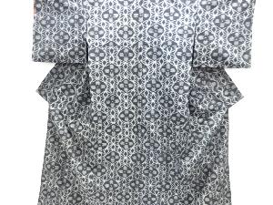 アンティーク　麻の葉に花模様織り出し手織り紬着物